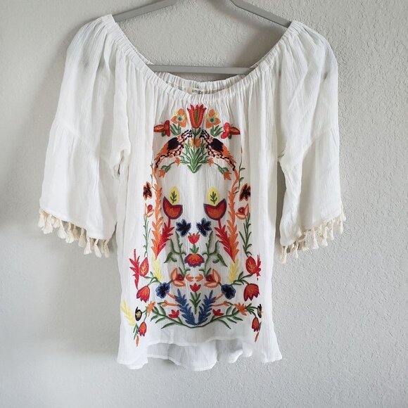 Umge Tops - Umge Woman Peasant Embroidered Top Size S On or Off Shoulder Gauzy Tassels